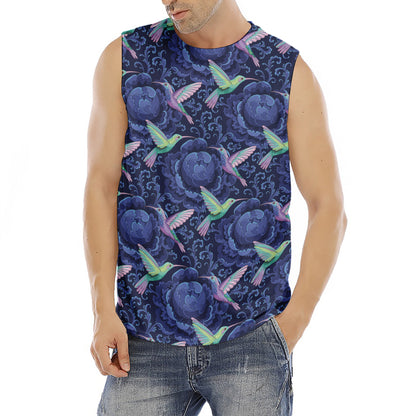 Dark Blue Floral Hummingbird Print Men's Fitness Tank Top