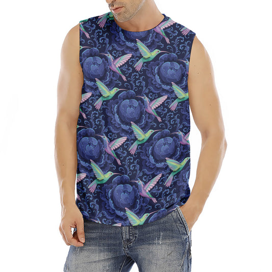 Dark Blue Floral Hummingbird Print Men's Fitness Tank Top