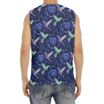 Dark Blue Floral Hummingbird Print Men's Fitness Tank Top