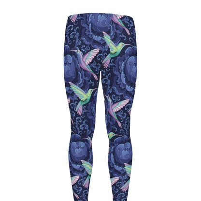 Dark Blue Floral Hummingbird Print Men's leggings