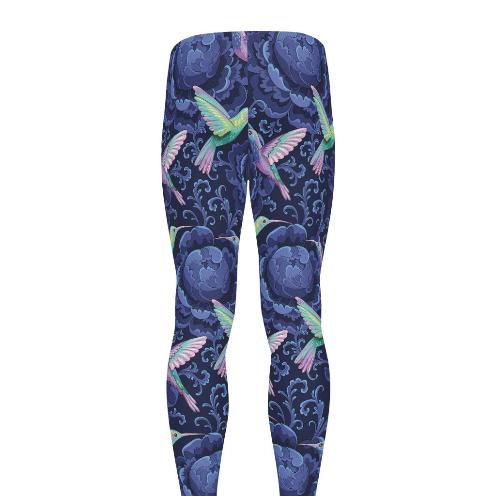 Dark Blue Floral Hummingbird Print Men's leggings