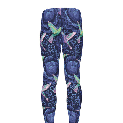 Dark Blue Floral Hummingbird Print Men's leggings
