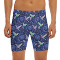 Dark Blue Floral Hummingbird Print Men's Long Boxer Briefs