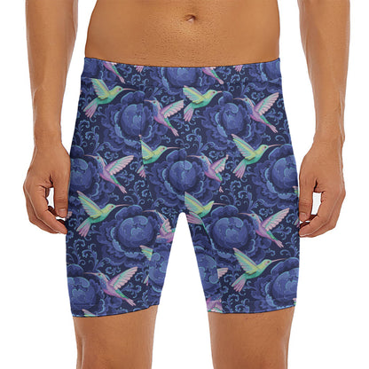 Dark Blue Floral Hummingbird Print Men's Long Boxer Briefs