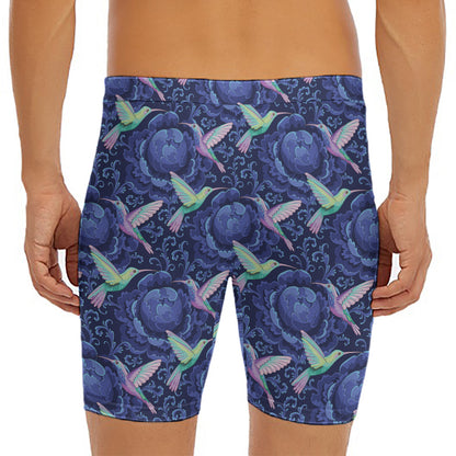 Dark Blue Floral Hummingbird Print Men's Long Boxer Briefs