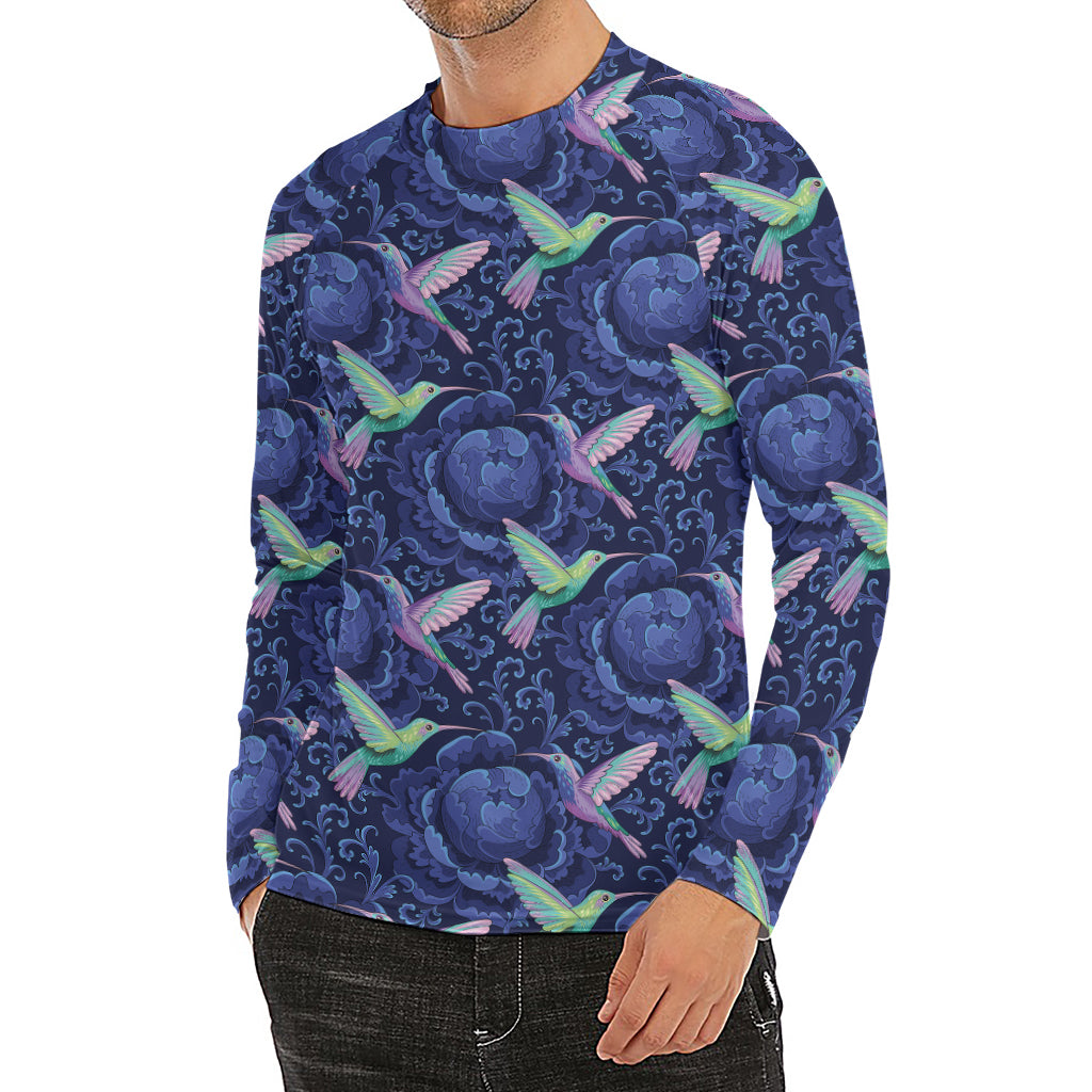 Dark Blue Floral Hummingbird Print Men's Long Sleeve Rash Guard