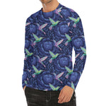 Dark Blue Floral Hummingbird Print Men's Long Sleeve Rash Guard