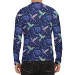 Dark Blue Floral Hummingbird Print Men's Long Sleeve Rash Guard