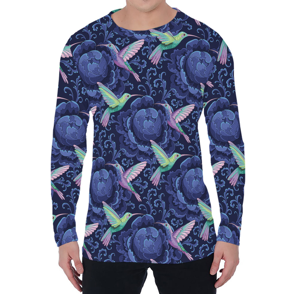 Dark Blue Floral Hummingbird Print Men's Long Sleeve T-Shirt