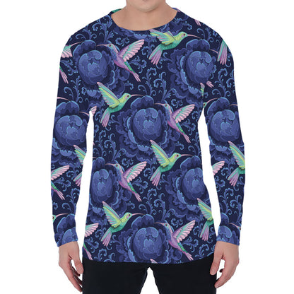 Dark Blue Floral Hummingbird Print Men's Long Sleeve T-Shirt
