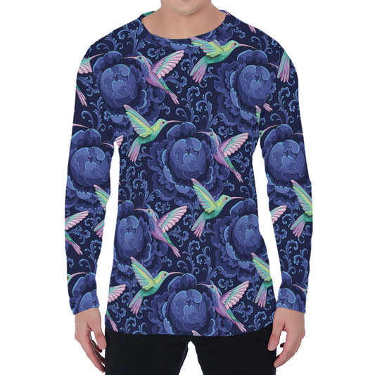 Dark Blue Floral Hummingbird Print Men's Long Sleeve T-Shirt