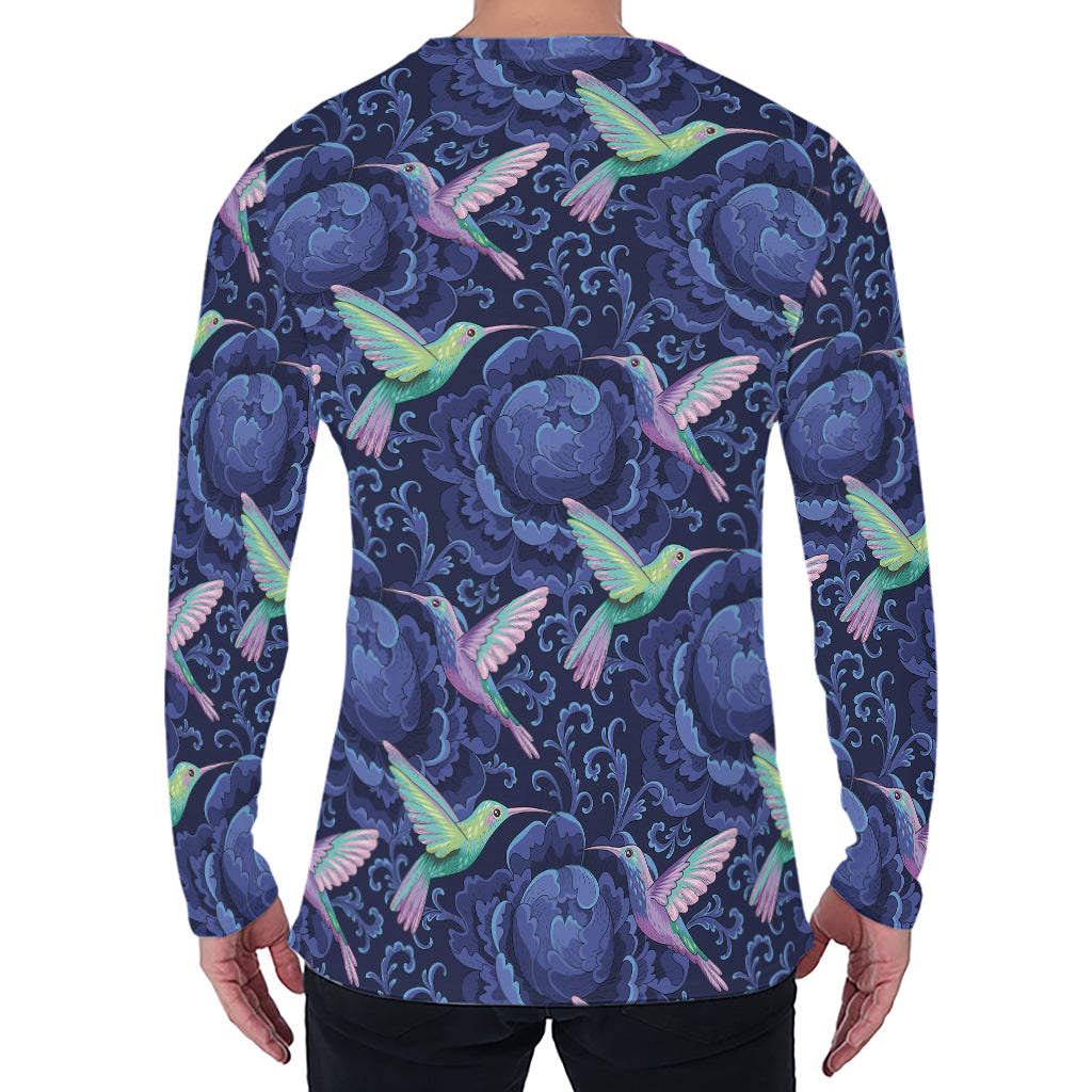 Dark Blue Floral Hummingbird Print Men's Long Sleeve T-Shirt