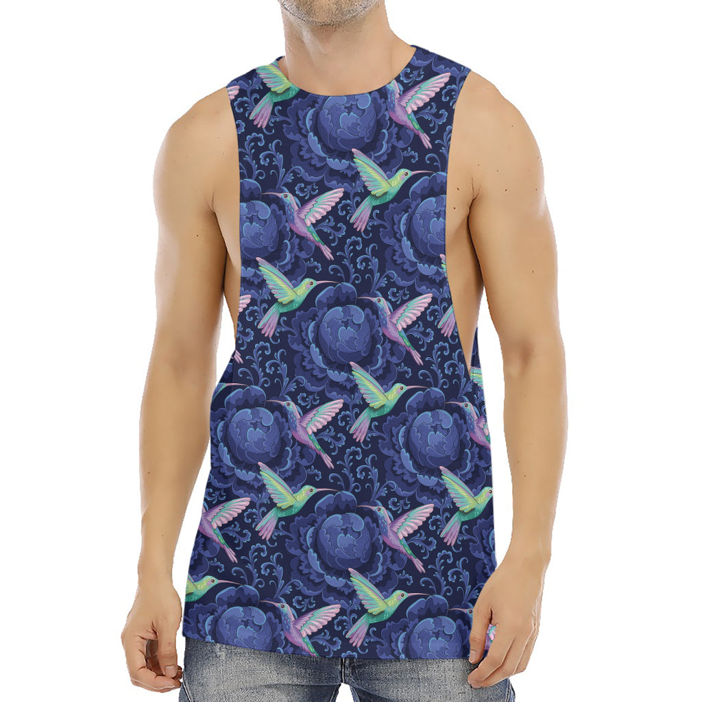 Dark Blue Floral Hummingbird Print Men's Muscle Tank Top
