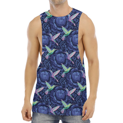 Dark Blue Floral Hummingbird Print Men's Muscle Tank Top