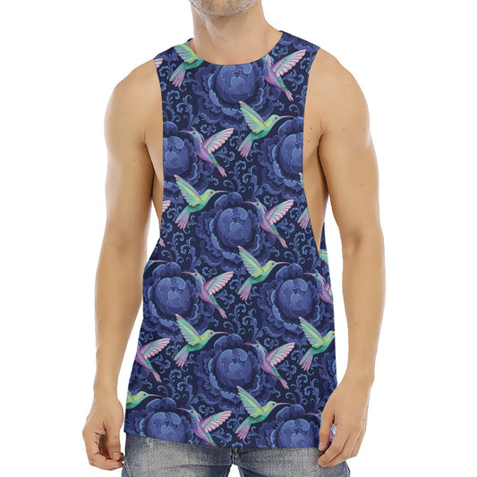 Dark Blue Floral Hummingbird Print Men's Muscle Tank Top