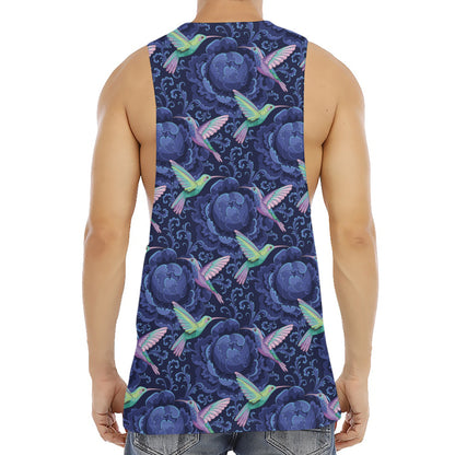 Dark Blue Floral Hummingbird Print Men's Muscle Tank Top