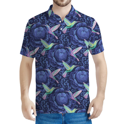 Dark Blue Floral Hummingbird Print Men's Polo Shirt