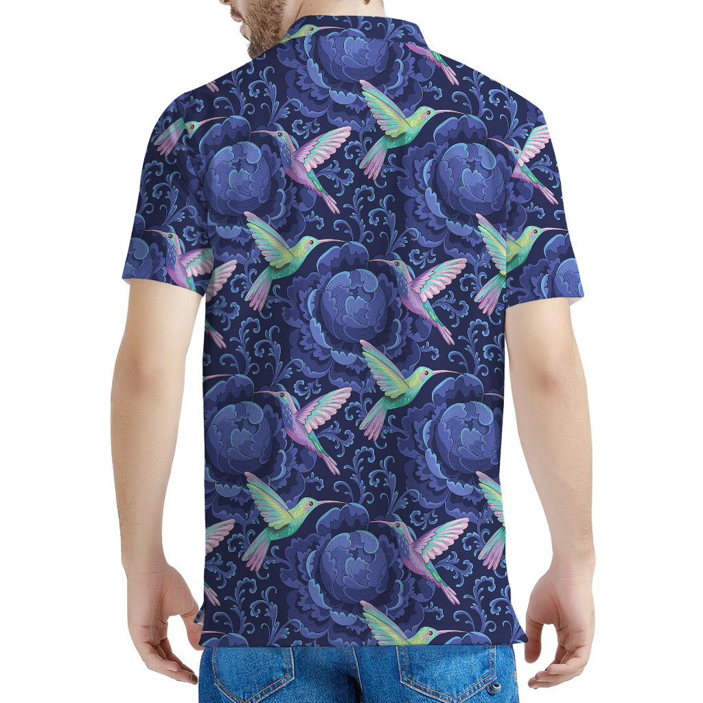 Dark Blue Floral Hummingbird Print Men's Polo Shirt