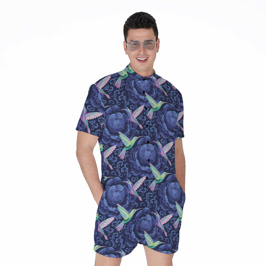 Dark Blue Floral Hummingbird Print Men's Rompers