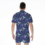 Dark Blue Floral Hummingbird Print Men's Rompers