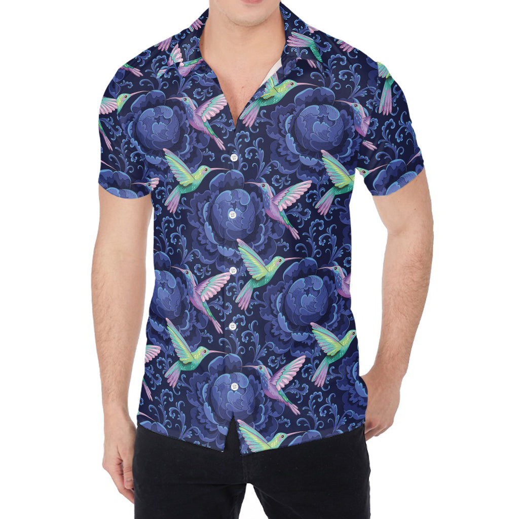 Dark Blue Floral Hummingbird Print Men's Shirt