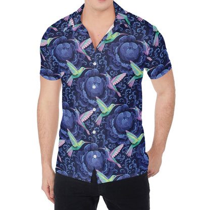 Dark Blue Floral Hummingbird Print Men's Shirt
