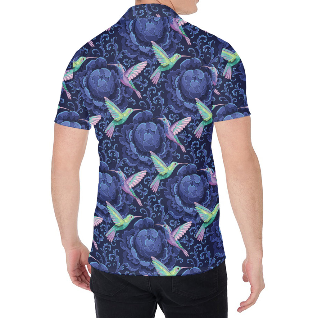 Dark Blue Floral Hummingbird Print Men's Shirt