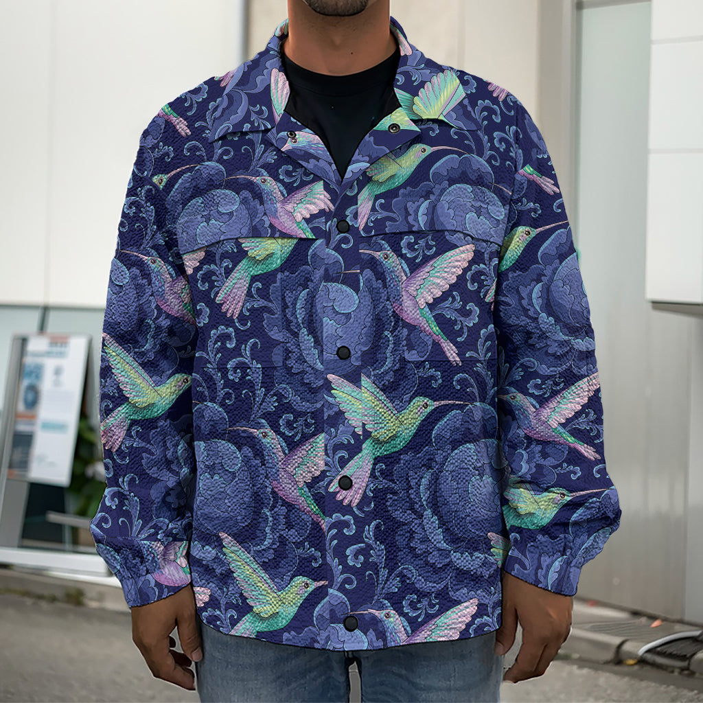 Dark Blue Floral Hummingbird Print Men's Shirt Jacket