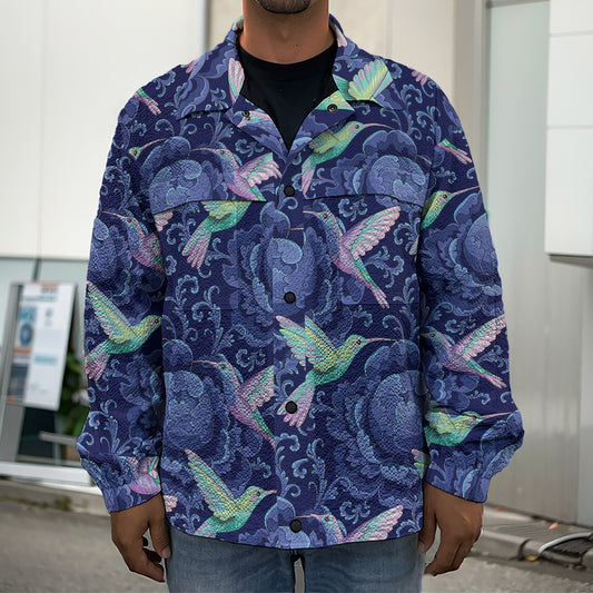 Dark Blue Floral Hummingbird Print Men's Shirt Jacket