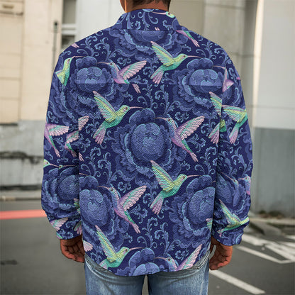 Dark Blue Floral Hummingbird Print Men's Shirt Jacket