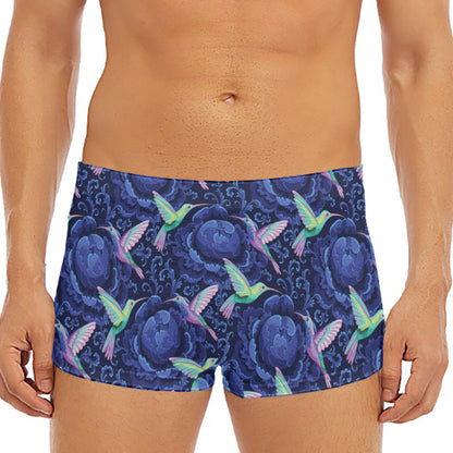 Dark Blue Floral Hummingbird Print Men's Short Boxer Briefs