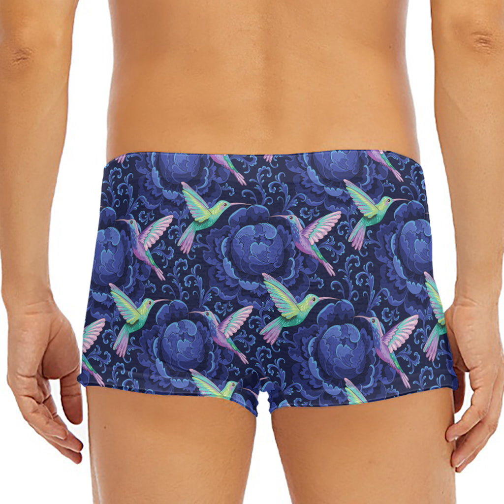 Dark Blue Floral Hummingbird Print Men's Short Boxer Briefs