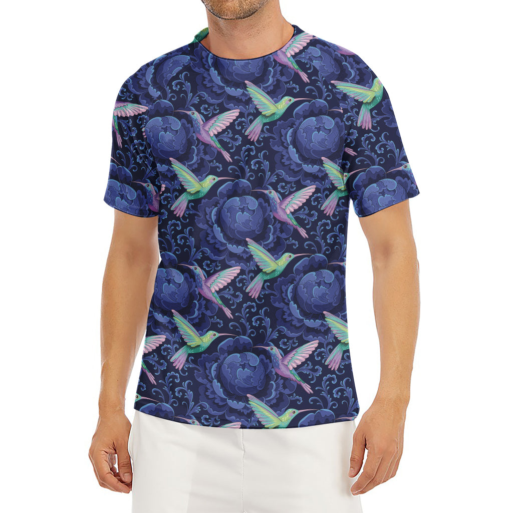 Dark Blue Floral Hummingbird Print Men's Short Sleeve Rash Guard
