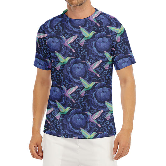 Dark Blue Floral Hummingbird Print Men's Short Sleeve Rash Guard