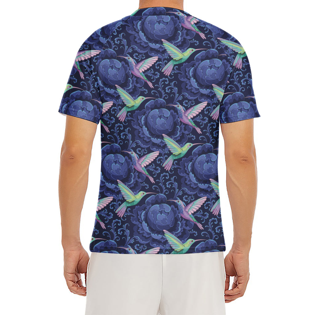 Dark Blue Floral Hummingbird Print Men's Short Sleeve Rash Guard