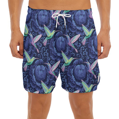 Dark Blue Floral Hummingbird Print Men's Split Running Shorts