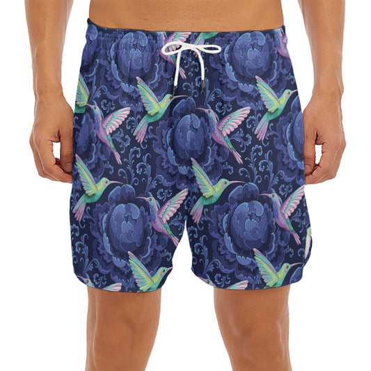 Dark Blue Floral Hummingbird Print Men's Split Running Shorts