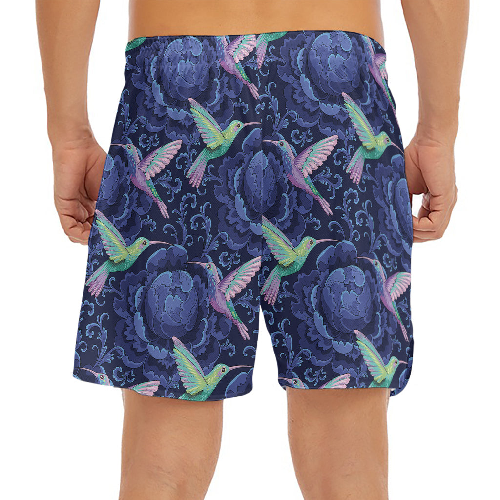 Dark Blue Floral Hummingbird Print Men's Split Running Shorts