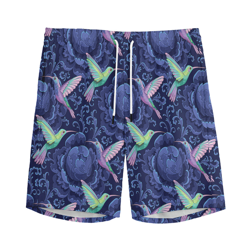 Dark Blue Floral Hummingbird Print Men's Sports Shorts