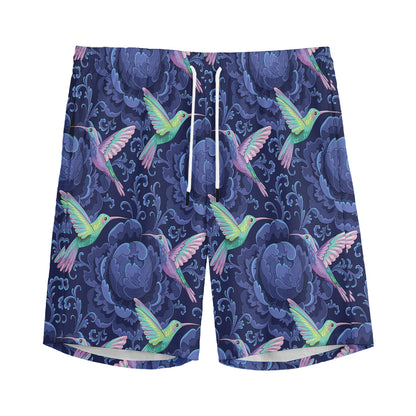 Dark Blue Floral Hummingbird Print Men's Sports Shorts