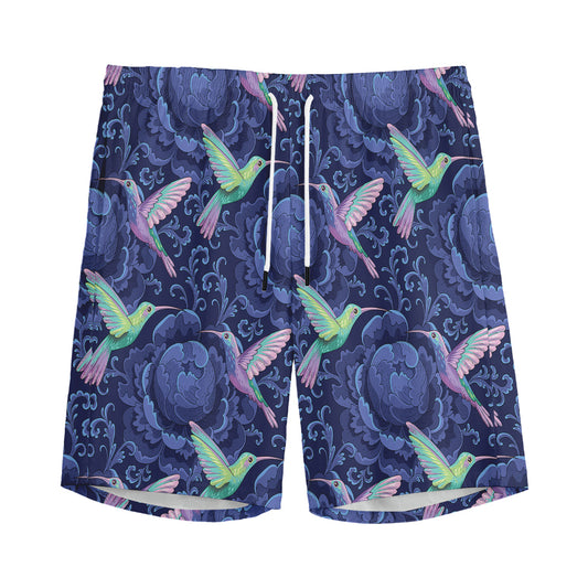 Dark Blue Floral Hummingbird Print Men's Sports Shorts