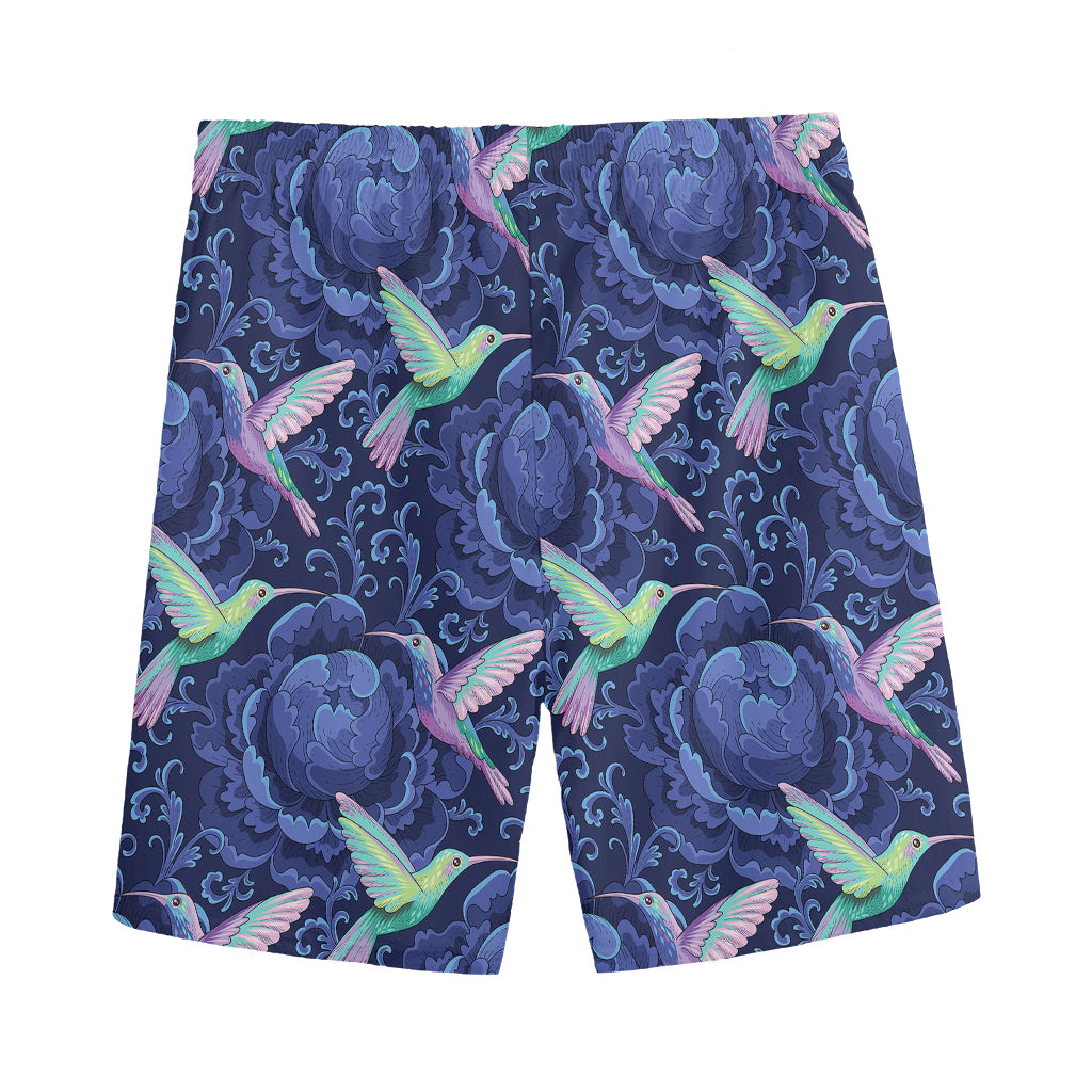 Dark Blue Floral Hummingbird Print Men's Sports Shorts