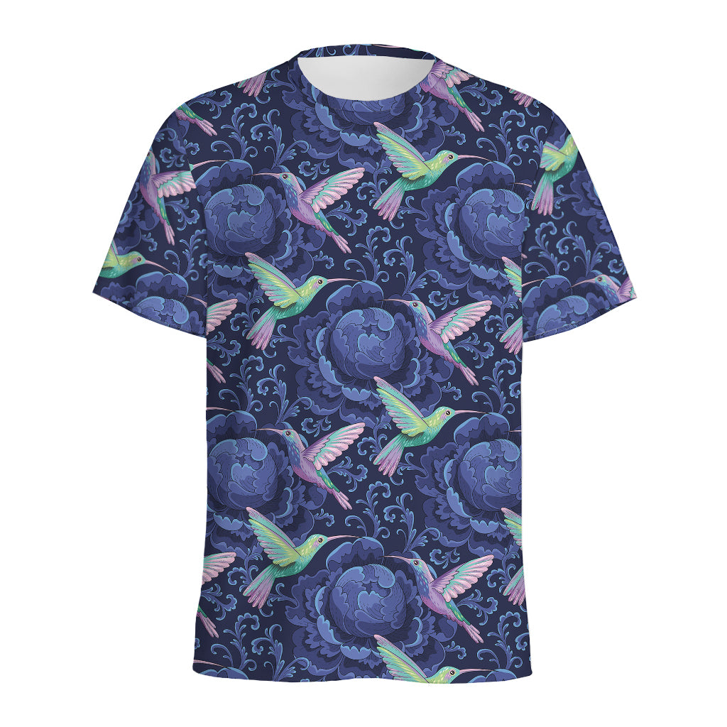 Dark Blue Floral Hummingbird Print Men's Sports T-Shirt