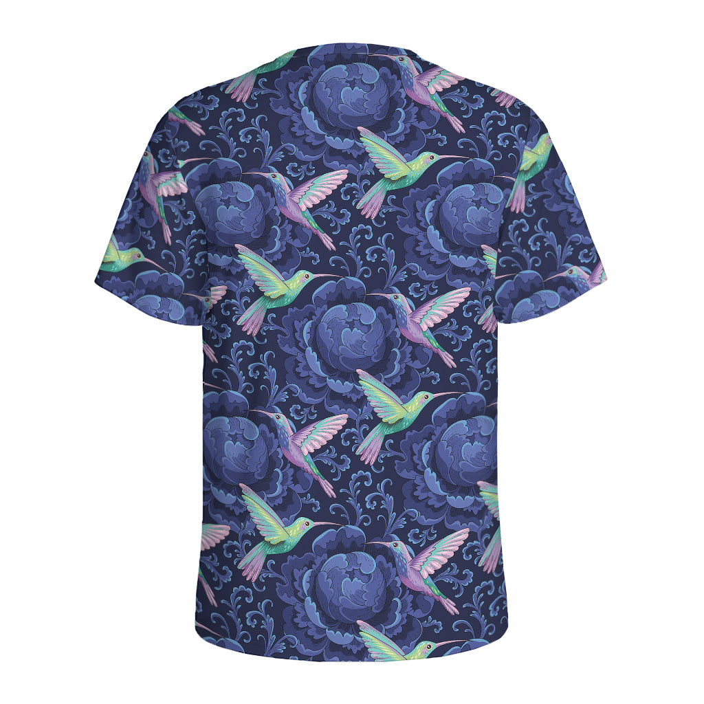Dark Blue Floral Hummingbird Print Men's Sports T-Shirt