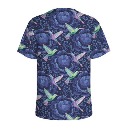 Dark Blue Floral Hummingbird Print Men's Sports T-Shirt