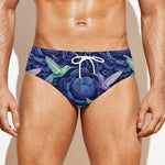 Dark Blue Floral Hummingbird Print Men's Swim Briefs