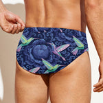 Dark Blue Floral Hummingbird Print Men's Swim Briefs