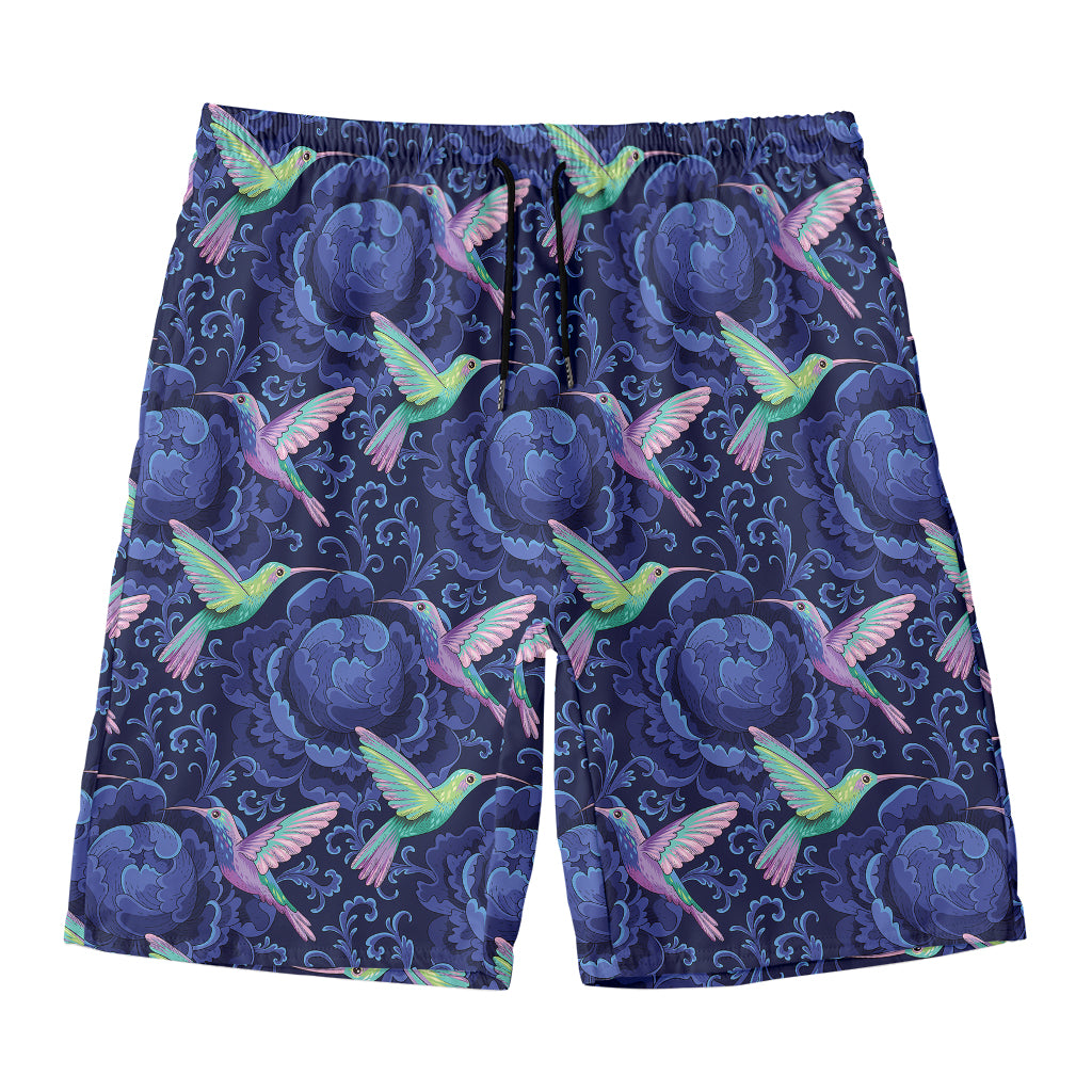 Dark Blue Floral Hummingbird Print Men's Swim Trunks