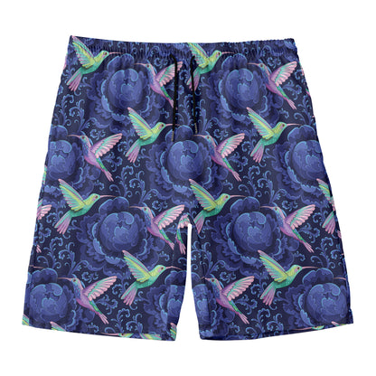 Dark Blue Floral Hummingbird Print Men's Swim Trunks