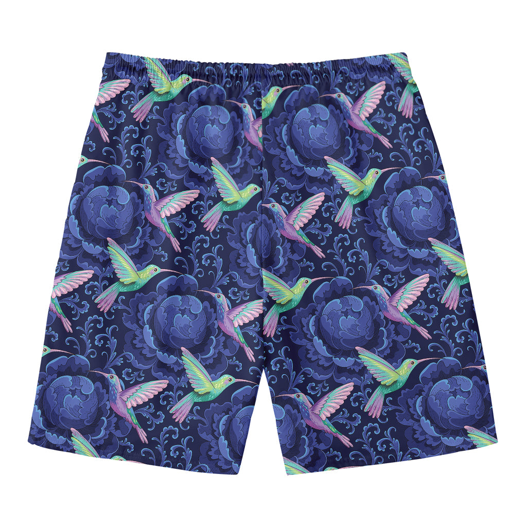 Dark Blue Floral Hummingbird Print Men's Swim Trunks
